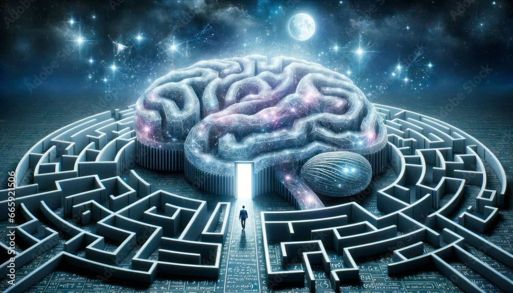 Poster Man looking at brain in the middle of a maze. Generative AI