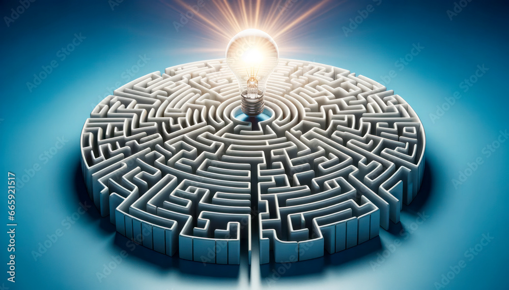 Poster maze with lightbulb on blue background, idea concept. generative ai