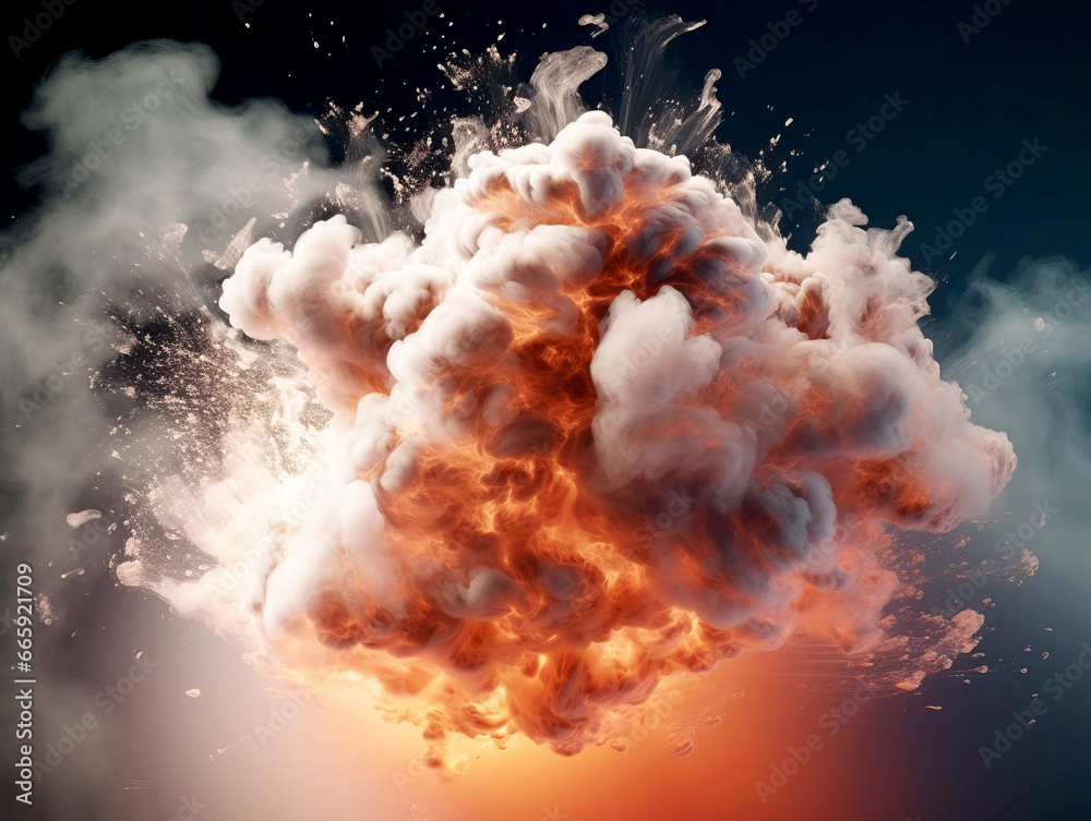 Poster big explosion with smoke and fire on dark background. generative ai