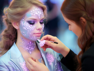 Makeup artist painting face of beautiful young woman. Generative AI
