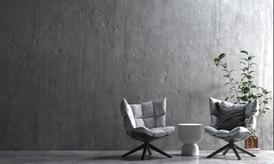 Modern loft interior of living room with gray armchairs on empty concrete texture wall background. 3d render