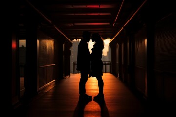 Silhouette romantic couple embracing each other while standing at subway, dark light photography