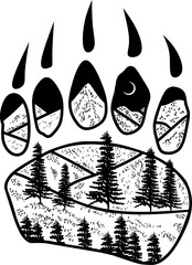 vector silhouette design illustration of a scene in the footprints of a bear