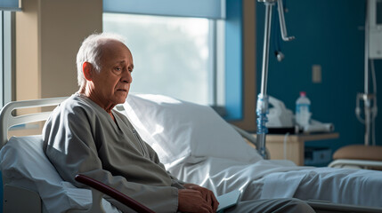 hombre viejo y enfermo en un hospital  - obrazy, fototapety, plakaty