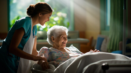 Mujer anciana  y una enfermera en un hospital  - obrazy, fototapety, plakaty
