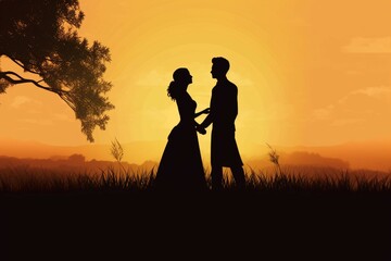 Obraz premium Silhouettes of a wedding couple standing on evening field