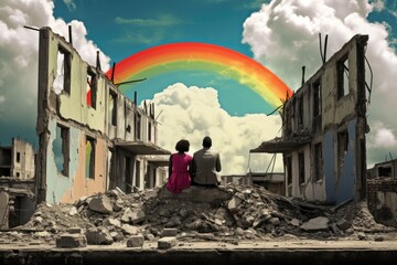 Resilience rising, a couple amidst the ruins of a war or natural disaster