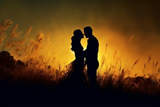 Silhouettes of a wedding couple standing on evening field