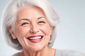 Beautiful, gorgeous 50s mid age beautiful elderly senior model woman with grey hair laughing and smiling. A mature old lady closes portrait. Healthy face skin care beauty, skincare cosmetics, dental.