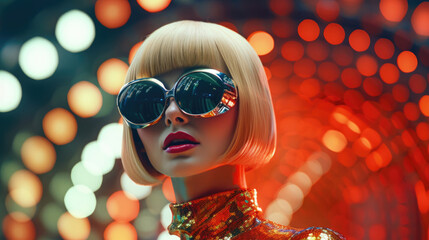 Fashion retro futuristic woman in surrealistic 60s-70s disco club culture life style