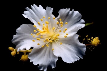 A white flower with yellow stamens on a black background. Generative AI - obrazy, fototapety, plakaty