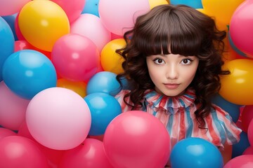 Fototapeta na wymiar Beautiful young teenager fashion Korean girl looking on camera balloons background