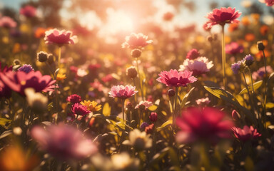 Flower field in sunlight, spring, or summer garden background in closeup macro. Flowers meadow field by AI generative