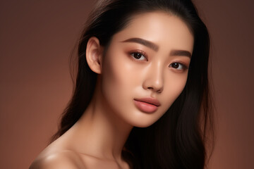 Obraz premium Beautiful young asian woman with clean fresh skin on brown background, Face care, Facial treatment, Cosmetology, beauty and spa, Asian women portrait
