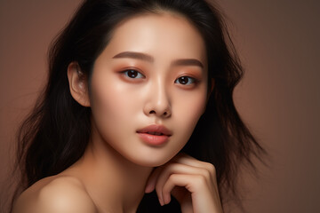 Naklejka premium Beautiful young asian woman with clean fresh skin on brown background, Face care, Facial treatment, Cosmetology, beauty and spa, Asian women portrait