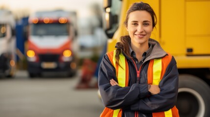 Confident female truck driver standing in front of the truck  - obrazy, fototapety, plakaty