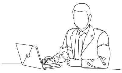 Continuous line drawing of a young businessman with laptop. Single one-line art of office worker. Vector illustration.
