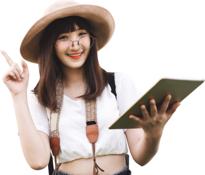 Young adult asian woman traveler cutout isolated transparent background - Powered by Adobe