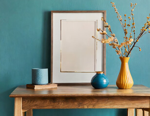 Wood side table, blue and mustard vase with twigs near blank mockup poster frame with copy space against turquoise wall. Scandinavian home interior design of modern living room