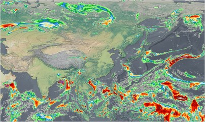 El mapa meteorológico muestra intensas precipitaciones en Asia, destacando los importantes...