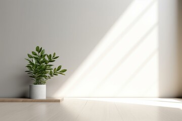 Simplistic backdrop with blurred plant shadow on wall. Ideal for presentations with sleek flooring. Generative AI