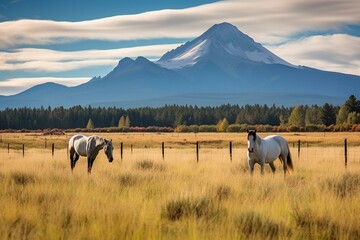 Three horses grazing in a meadow near Sisters, Oregon, with the Three Sisters mountains in the background. Generative AI - obrazy, fototapety, plakaty