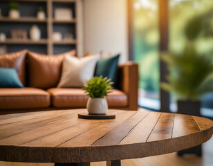 Wood table top on blur living room have leather sofa and decoration minimal.