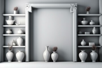 3D render of an empty frame near shelves adorned with vases. Generative AI