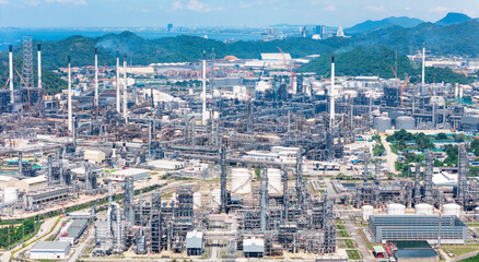 Aerial  view Industry Oil refinery oil and gas refinery Business petrochemical industrial, Refinery oil and gas factory power and fuel energy, Ecosystem estates. Fuel refinery industry