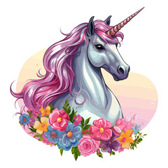 unicorn with flowers wreath, fantasy character