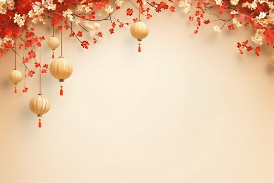 oriental style background with chinese lanterns dand cherry blossom