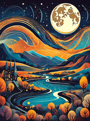 A storybook illustration of a  night scene with houses and mountains