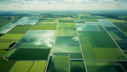 An aerial view of fields with fields ahead, in the style of organic geometry, dutch tradition, light green and dark emerald, photography, grid-based, shaped canvas