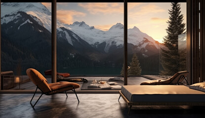 glass house with patio and mountains view - obrazy, fototapety, plakaty