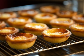 Freshly baked and cooling Portuguese custard tarts on a rack. Generative AI