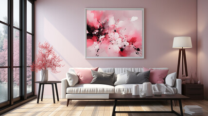 Pink-toned abstract art, cityscape with cherry blossoms, modern living room, interior with wood...