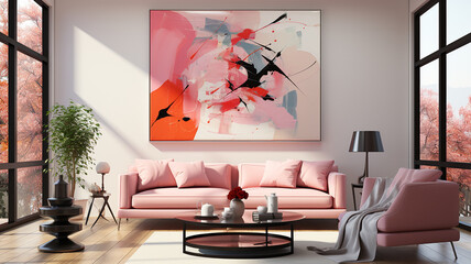 Pink-toned abstract art, cityscape with cherry blossoms, modern living room, interior with wood flooring, design floor lamp Generative AI