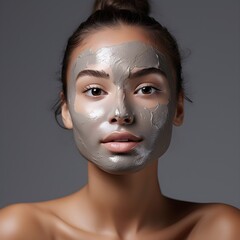Beautiful girl with a grey mud mask on face, Facial Treatment, beauty tips, skin care, face mask, minimalistic background, portrait shot, close up