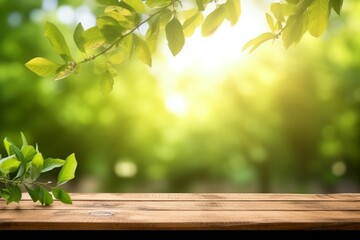 Naklejka na ściany i meble Spring beautiful background with green juicy young foliage and empty wooden table in nature outdoor, Natural template with Beauty bokeh and sunlight