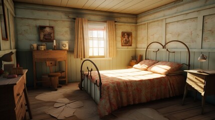 Retro Vintage Farmhouse Bedchamber: Nostalgic Charm Meets Modern Comfort. Generated with AI
