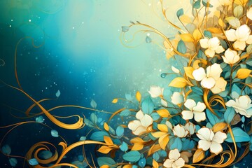 Fototapeta na wymiar Abstract floral background with white flowers with gold vines and leaves on blue background, watercolor Vintage floral background 