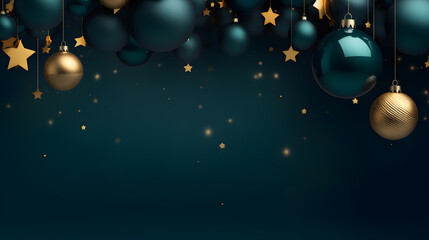 3d rendering of christmas balls and stars hanging on strings on dark background