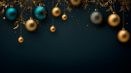 Fototapeta na wymiar 3d rendering of christmas balls and stars hanging on strings on dark background