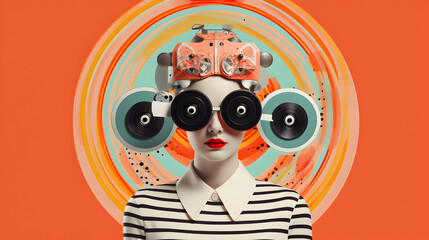 Fashion retro style collage Woman dressed in black and white stripes, antique gramophone