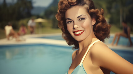 Vintage photo of a woman in a swimsuit sitting by the pool.