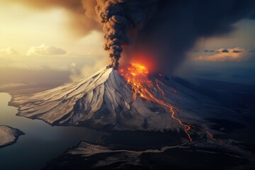 Volcanic eruption in the morning. 3D illustration. Elements of this image furnished by NASA, Karimskiy volcano. Volcanic eruption in Kamchatka, ash flow and destroyed, AI Generated