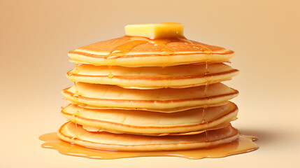 Several pancakes with butter on top of them and drizzled with juicy honey.