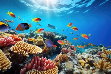 Fototapeta na wymiar Coral reef and fish in the Red Sea. Egypt, Africa, Large school of fish on a tropical coral reef in the Red Sea, AI Generated