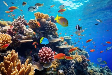 Fototapeta na wymiar Tropical fish and coral reef in the Red Sea. Egypt, Large school of fish on a tropical coral reef in the Red Sea, AI Generated