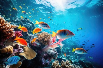 Tropical fish and coral reef in the Red Sea. Egypt, Large school of fish on a tropical coral reef...
